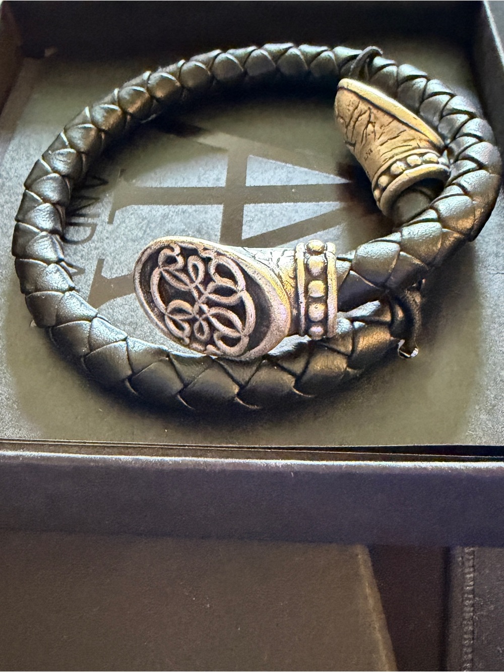 Alex and Ani Black Braided Leather Bracelet with Antiqued Metal Accents